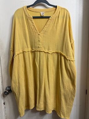 Fantastic Fawn Mustard Yellow Gauze V-Neck Button Tunic